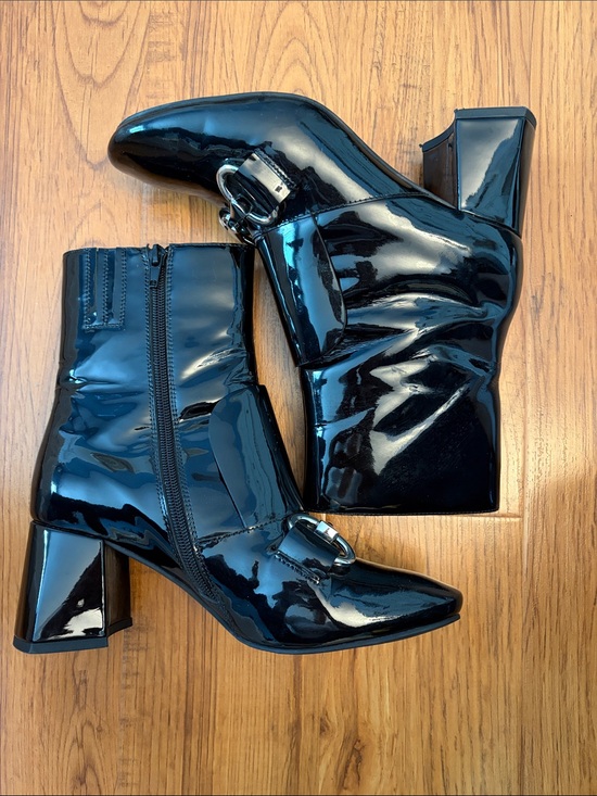 Jeffrey Campbell Shoes - Jeffrey Campbell Women’s Black Patent Leather Slip On Booties with Buckle,size 8